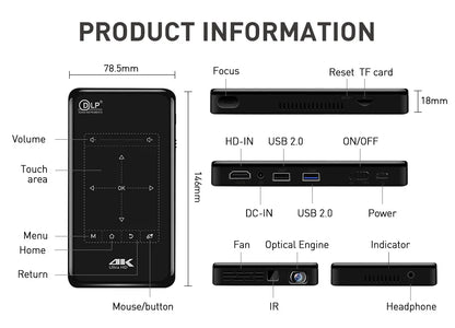 Portable mini projector android 9 1G 8G HD-MI input 3D 4K movie projector P09-II with mirroring DLP projector