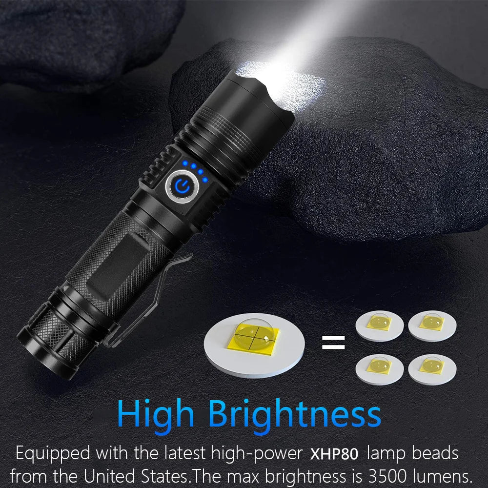 Powerful Zoom Torch Super Bright LED Flashlight USB Rechargeable Strong Light Lantern With Metal Clip 6 Modes Waterproof Lamp
