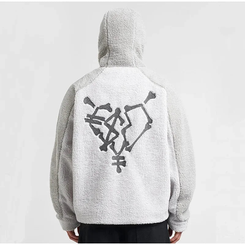 Autumn Winter Lamb Wool Fashion Loose Men's Jacket Contrast Patchwork Hooded Zipper Coat Plush Thicking Warm Couple Clothing