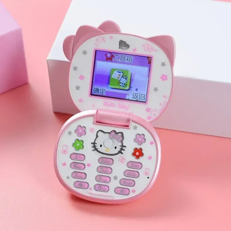 Sanrio Hello Kitty Flip Phone New Cartoon Cute Children White Pink Kawaii Mini Phone Children Birthday Gifts Fashion Model Toys