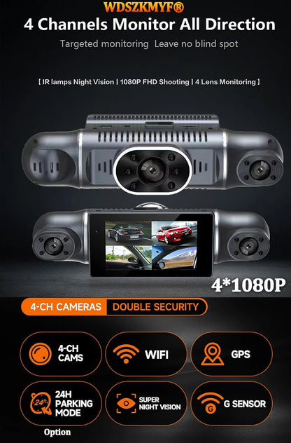 360 Degrees 4Camera GPS Car DVR 4*1080P Video Recorder WIFI APP Dash Cam Front right left Rear View camera 24h Parking Monitor