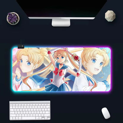 Pink Girl Cartoon Sailors Moons RGB Pc Gamer Keyboard Mouse Pad Mousepad LED Glowing Mouse Mats Rubber Gaming Computer Mausepad