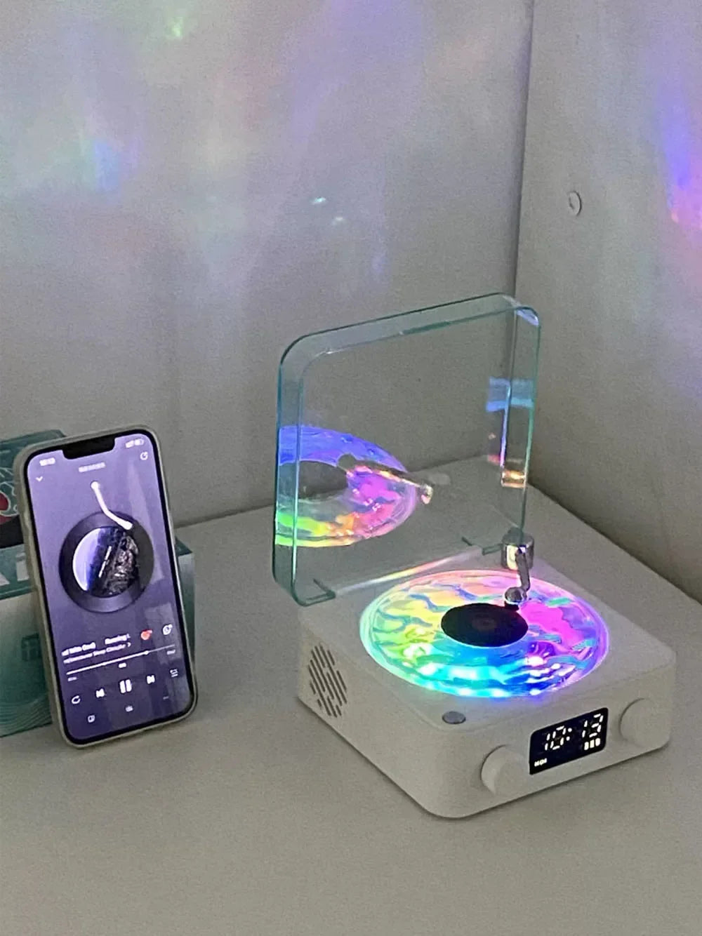 Haut-parleur Bluetooth Waves Vinyl Player avec bruit blanc, haut-parleur rétro pour platine vinyle, aide au sommeil, haut-parleur en forme de Vitrola avec lumière RVB