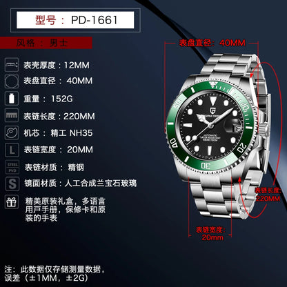 PAGANI DESIGN Men's Mechanical Wristwatches Luxury Brand Mens Watch NH35 100m Waterproof Sapphire Diving Watch reloj hombre
