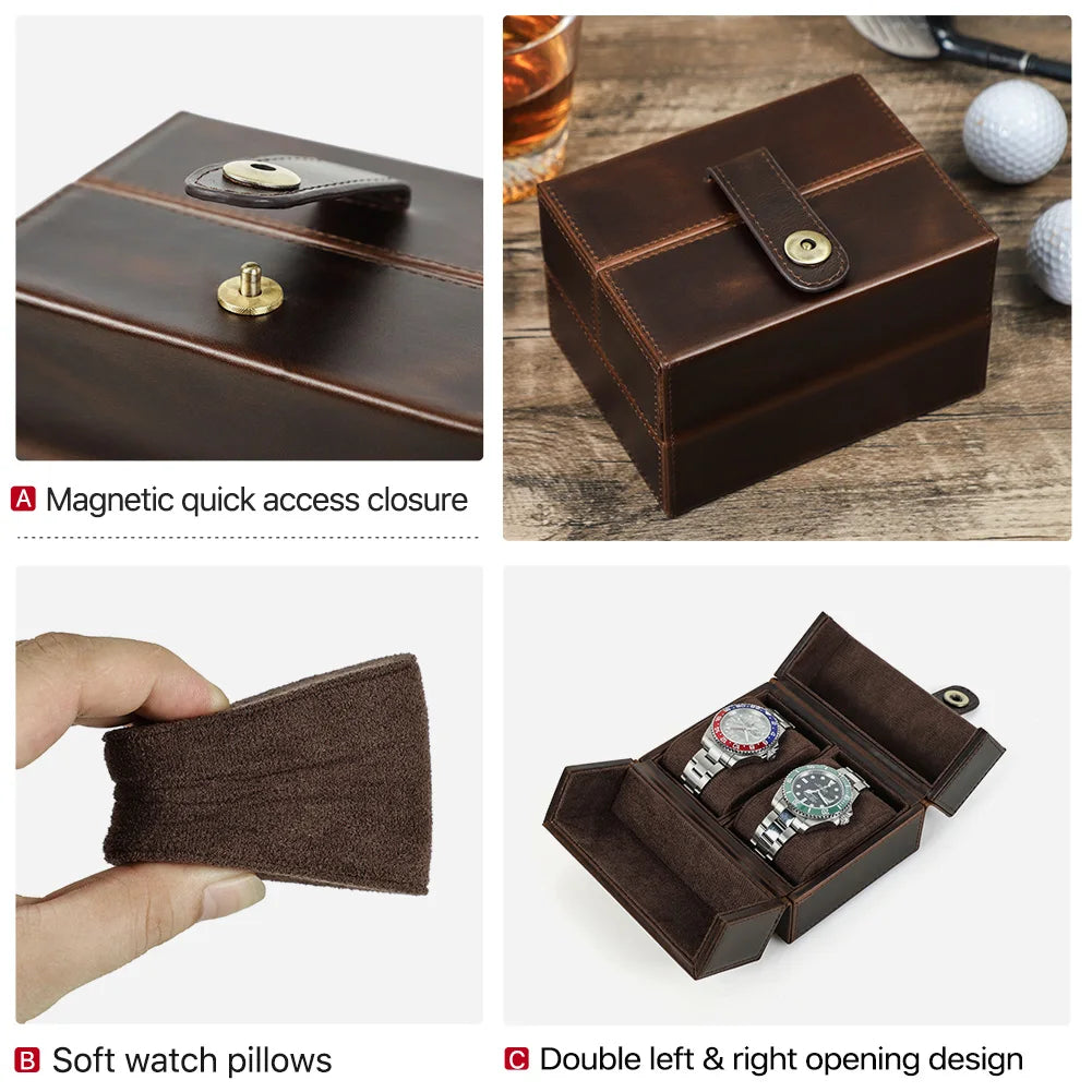 Retro Luxury Genuine Leather 2 Slots Watch Roll Case Travel Portable Organizer Display Storage Box with Pillow Handmade Gifts