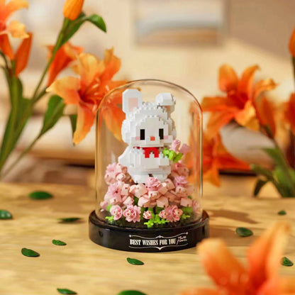 Animal potted plant assembly block with dust cover, sunflower rose flower block, puppy eternal flower assembly ornament toy