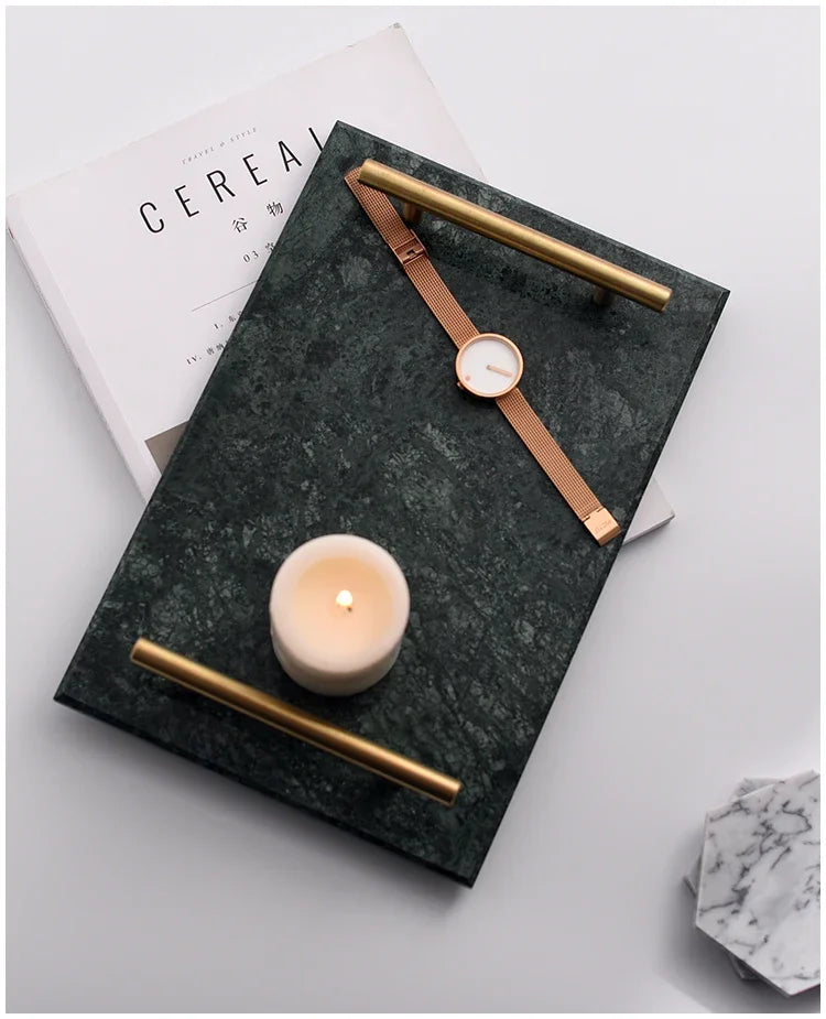 Nordic Home Decor Light Luxury Natural Marble Jewelry Storage Tray with Gold Handle Trinket Ring Plate Wedding Gift