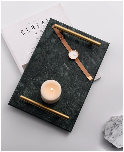 Nordic Home Decor Light Luxury Natural Marble Jewelry Storage Tray with Gold Handle Trinket Ring Plate Wedding Gift