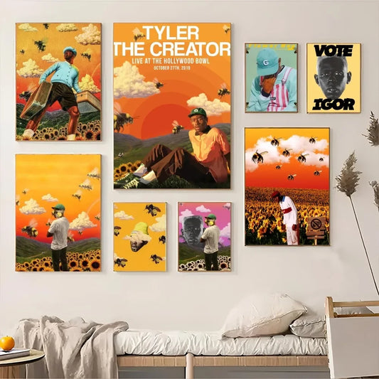 1 póster con impresión retro de Tyler The Creator, cantante y rapero, adhesivo HD resistente al agua para dormitorio, entrada, hogar, sala de estar, decoración de pared