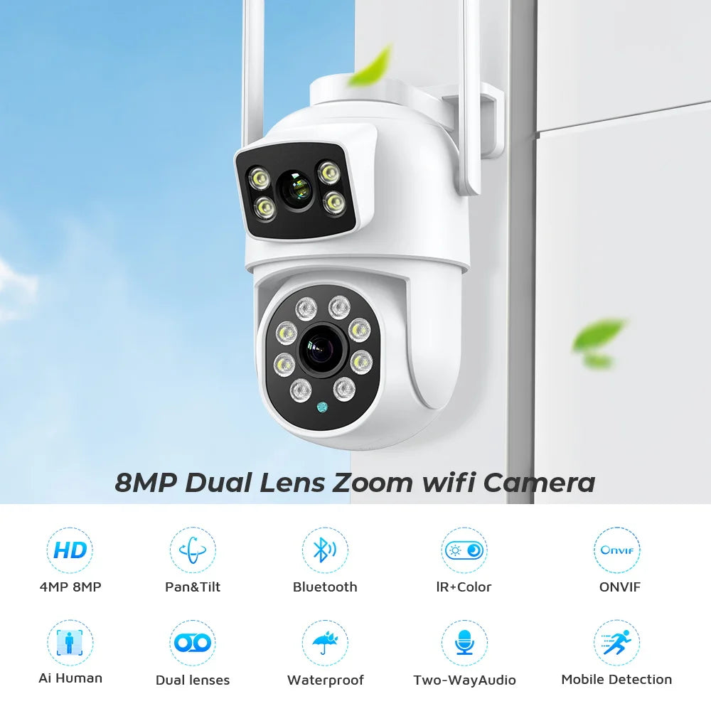 Cámara BESDER 4K 8MP Wifi PTZ para exteriores con pantallas duales, detección humana, lentes duales, protección de seguridad de 4MP, cámara IP, audio, aplicación iCSee