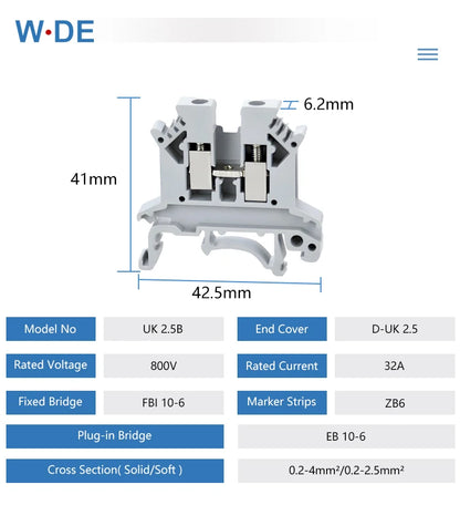 10 piezas Bloque de terminales de riel DIN UK-2.5B Cable Conductor eléctrico Conector universal Bloque de terminales de conexión por tornillo UK2.5B