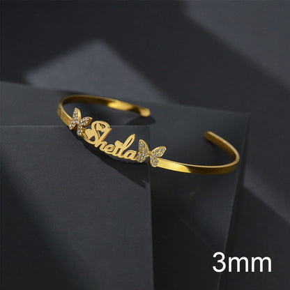Akizoom Personalized Custom Name Bracelets Heart Crown Stainless Steel Wide Hand Cuff Bangles for Women Men Wedding Jewelry Gift