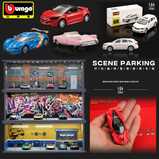 1/64 Simulated Parking Lot Model Classic Static Car Bburago Alloy Diecasting Vehicles Miniature Scene Assembly Display Frame Toy