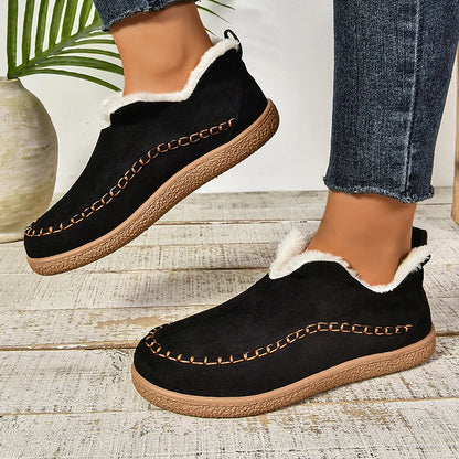 2024 New Hot Sale Suede Leather Ankle Boots Women Round Toe Thicken Fuzzy Snow Boots Comfortable Flat Anti-Slip Booties Mujer