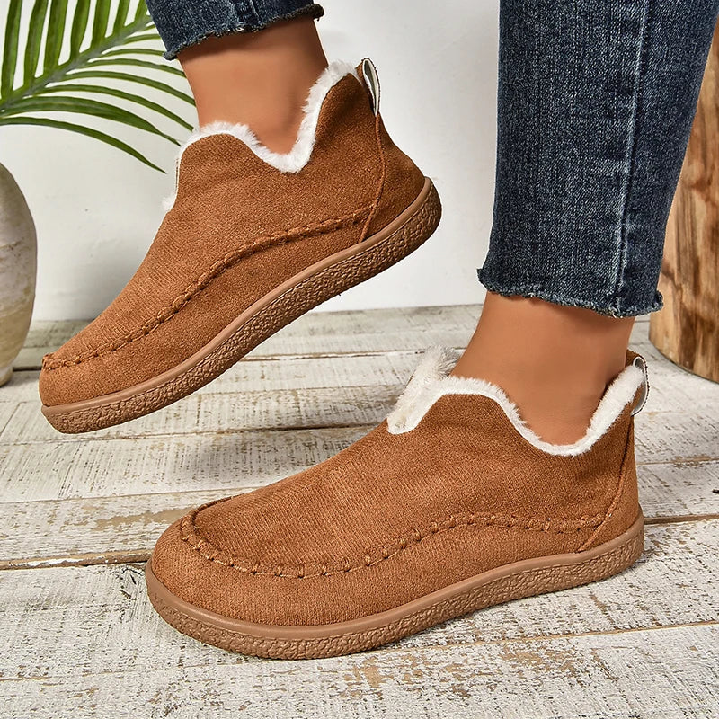 2024 New Hot Sale Suede Leather Ankle Boots Women Round Toe Thicken Fuzzy Snow Boots Comfortable Flat Anti-Slip Booties Mujer