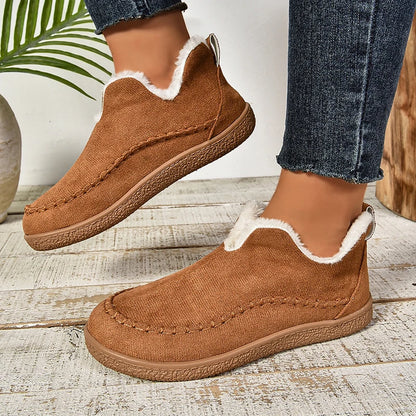 2024 New Hot Sale Suede Leather Ankle Boots Women Round Toe Thicken Fuzzy Snow Boots Comfortable Flat Anti-Slip Booties Mujer