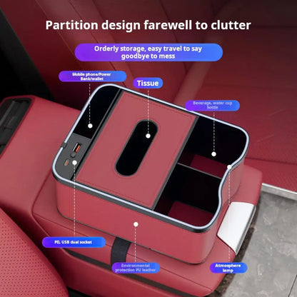 Car Console Side Organizer Car Armrest Tray Car Armrest Storage Box with Charging Ports Multi-mode Led Lights for Capacity