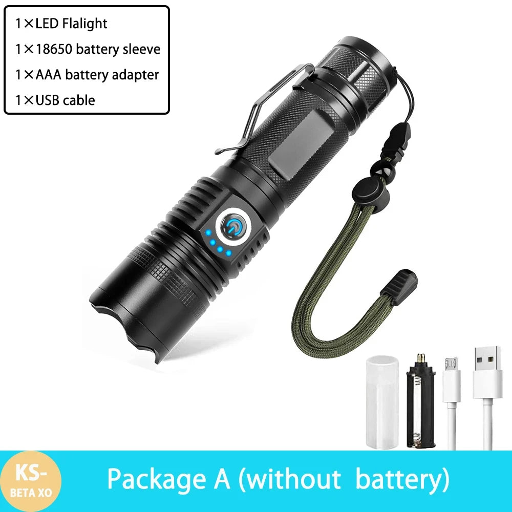 Powerful Zoom Torch Super Bright LED Flashlight USB Rechargeable Strong Light Lantern With Metal Clip 6 Modes Waterproof Lamp