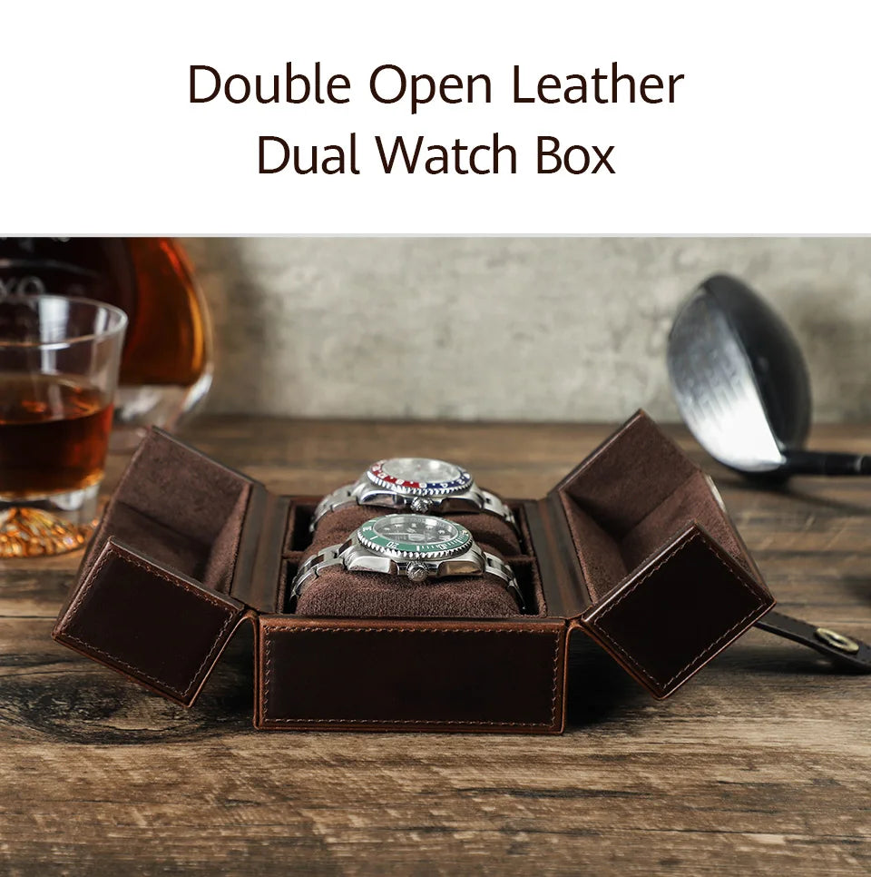 Retro Luxury Genuine Leather 2 Slots Watch Roll Case Travel Portable Organizer Display Storage Box with Pillow Handmade Gifts