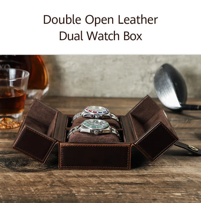 Retro Luxury Genuine Leather 2 Slots Watch Roll Case Travel Portable Organizer Display Storage Box with Pillow Handmade Gifts