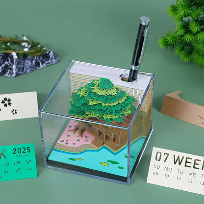 Tree Desk Calendar With LED Lights 2025 Calendar Memo Pad Creative Desk Calendar DIY Notes Notepad 3D Art Calendar Paper Carving