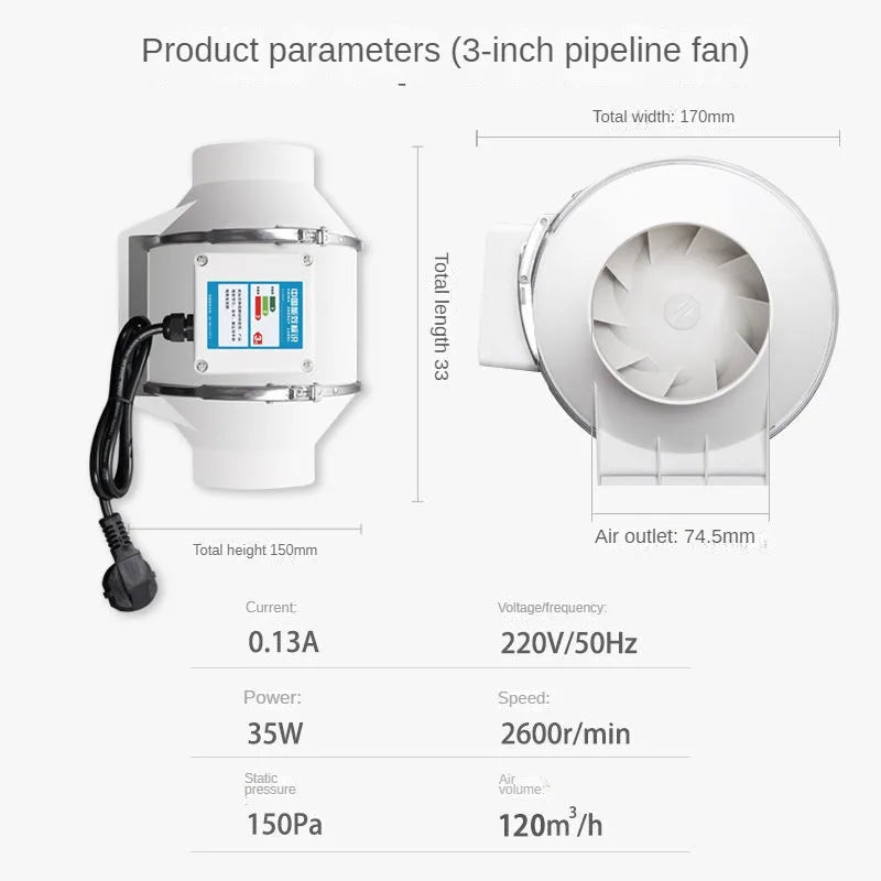 4/5/6 inch 110-220V Exhaust Fan Home Silent Inline Pipe Duct Fan Bathroom Extractor Ventilation Kitchen Toilet Wall Ventilator