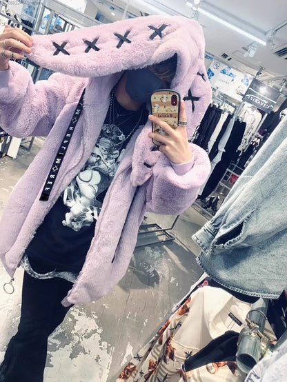 2023 Winter New Harajuku Rabbit Ear Plush Coat Y2k Clothes Soft Zipper Tops Hooded Women Gothic Punk Style Mid Length Jacket