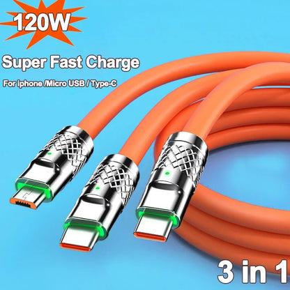 120W 3 In 1 Fast Charging Cable Micro USB Type C Multiple USB Port  Mobile Phone Charging Cables For Xiaomi Samsung iPhone 14 13