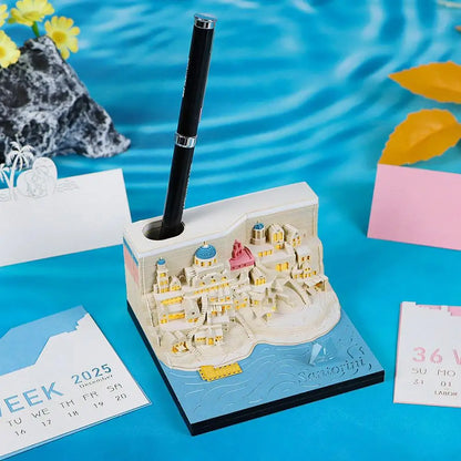 2025 Calendar 3D Notepad Block Santorini 3D Art Calendar With Led Lihjt Memo Pad Paper Notes Desk Decor Birthday Christmas Gift