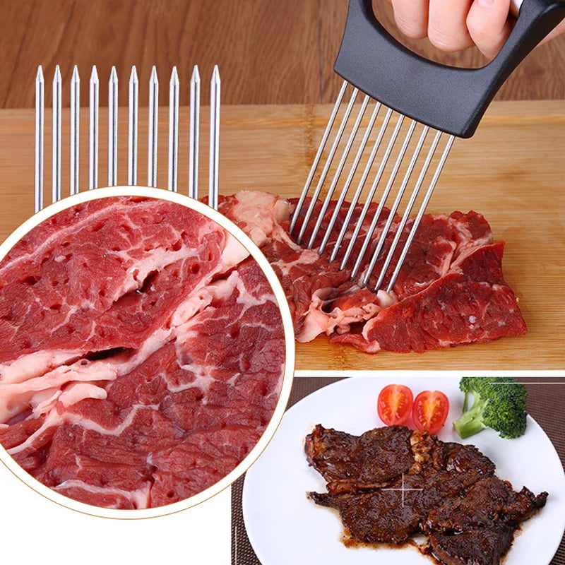 Onion Slicer Holder Vegetable Slicer Cutter Steak Needle Kitchen Gadgets Stainless Steel Cutting Tools for Onion Lemon Fruit