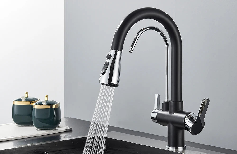 Grifo de cocina con filtro negro extraíble con rotación de 360 ​​grados y grifo mezclador de fregadero de tres vías