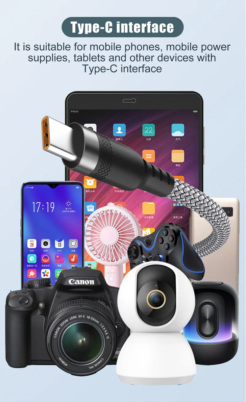 Usb C Super Fast Charge Cable for Huawei 8M 5M 3M 2M 1M 6A Usb Type-C Equipment Cable for Samsung Xiaomi Oppo Oneplus Vr Camera