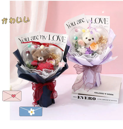 Artificial Rose Flower Bouquet Doll Bear Birthday Party Mother's Day Gift Wedding Bouquet Romantic Appointment Decor Accessories