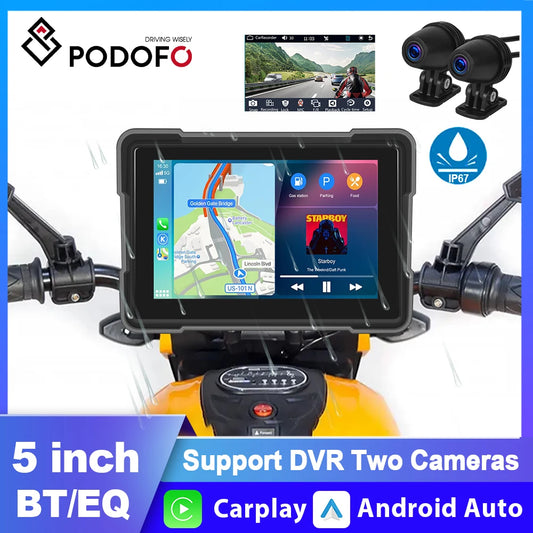 Podofo 5"Motorcycle Monitor Carplay Car intelligent Screen Portable Motorcycle Wireless Android Auto GPS Navigation IPX7