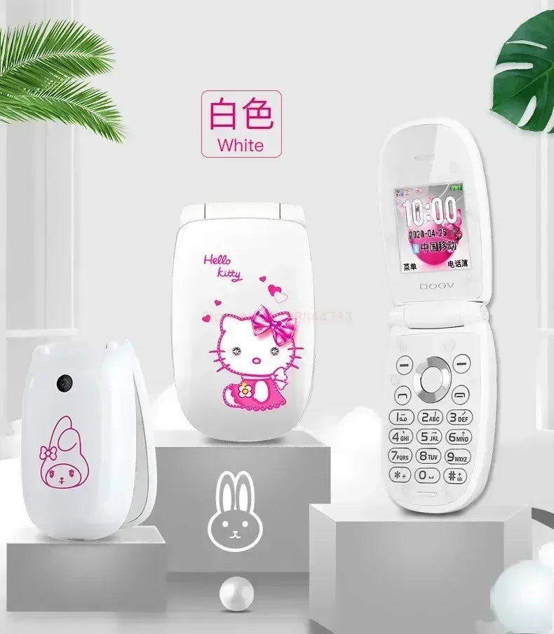 Sanrio Hello Kitty Flip Phone New Cartoon Cute Children White Pink Kawaii Mini Phone Children Birthday Gifts Fashion Model Toys