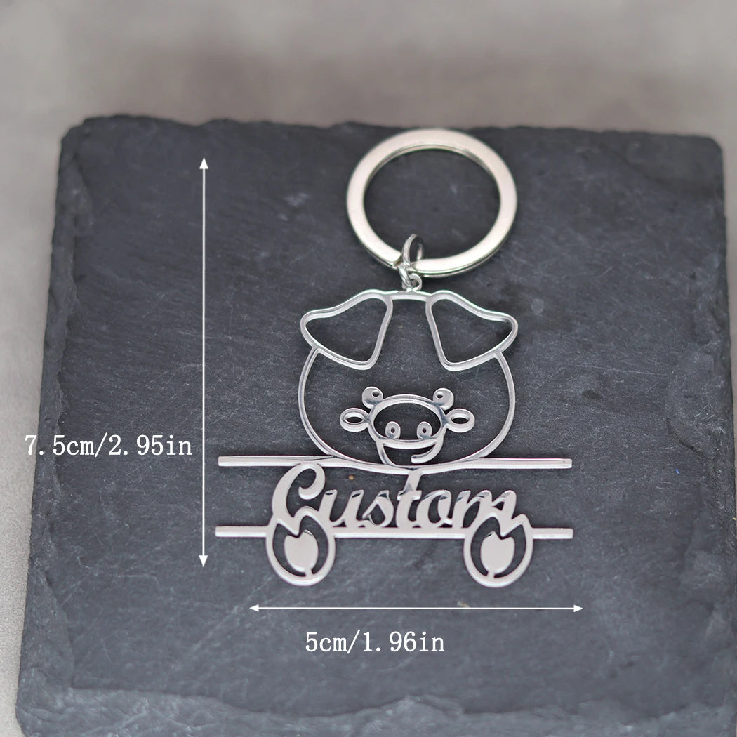 Stainless Steel Cute Pig Engrave Name Customized Keychain Men Keyring Pendant Keyring Cartoon Jewelry Animal Gift For Women