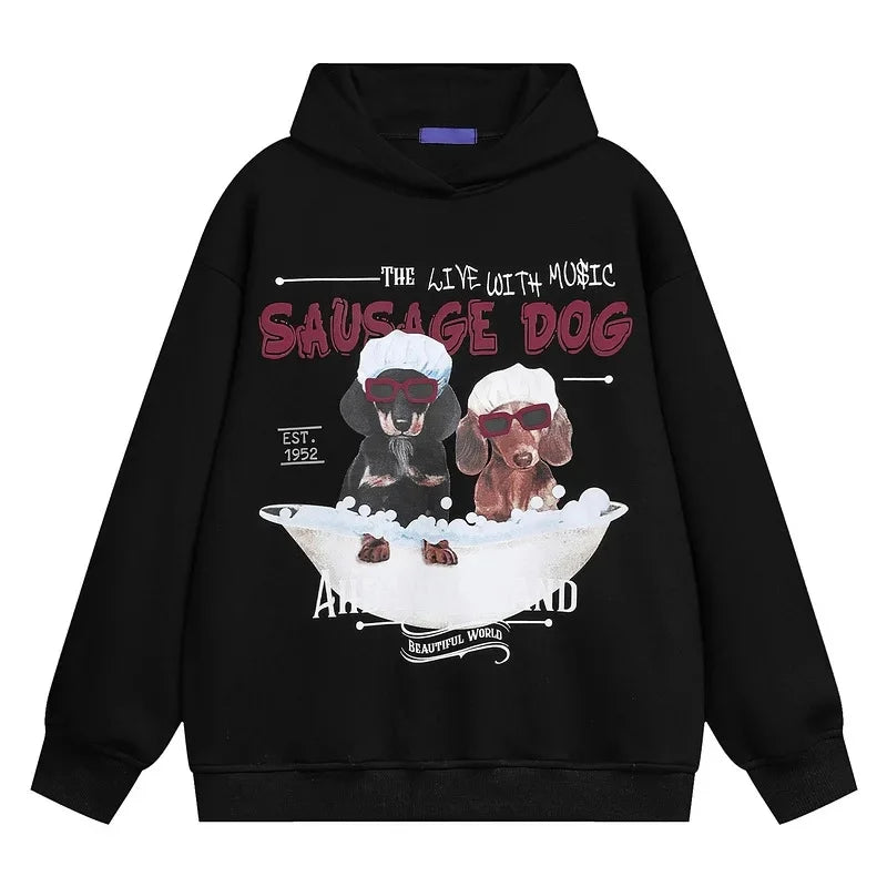 Vintage American Style Men's Creative Cool Dog Print Loose Fit Grey Fleece Lined Hooded Sweatshirt Couple Model Casual Wear