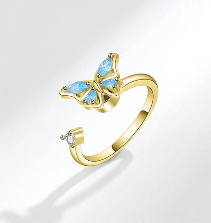 Blue Fidget Spinner Ring Anxiety for Women Multiple Crystal Flower Butterfly Animal Ring Rotate To Anti Stress for Wedding Party