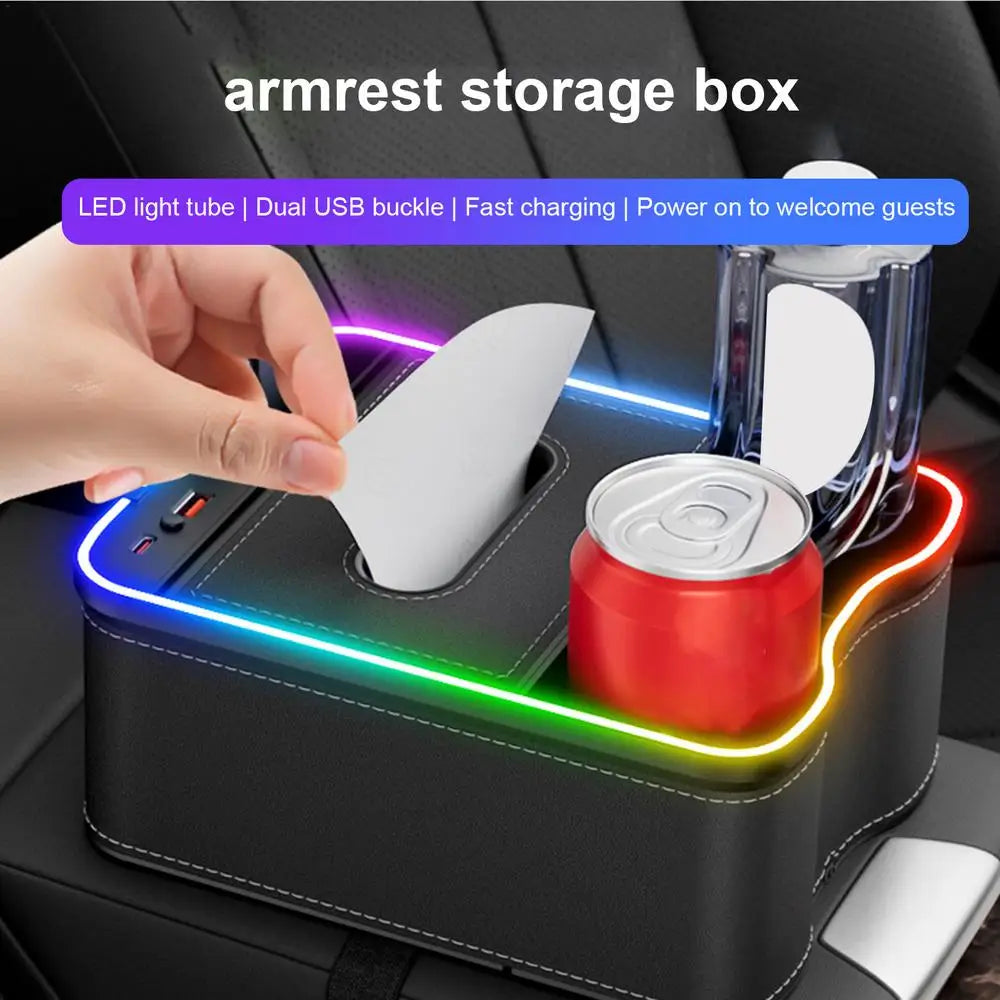 Auto Armrest Box Storage Box With Cup Holder Tissue Box USB Rechargeable Car Arm Rest Box Storage Organizer With Ambient Light