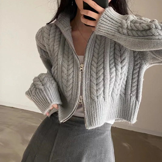 Twists Knit Short Coat Long Sleeve Zipper Sweater Casual Women Cardigan Vintage Winter Korean Chic Elegant 2024 Lady Trend Top