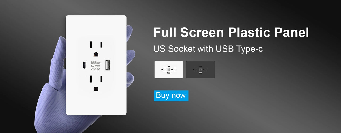 US Standard Wall Socket with USB Type-C Charging Port 5V 2.1A, 118*72mm PC Panel