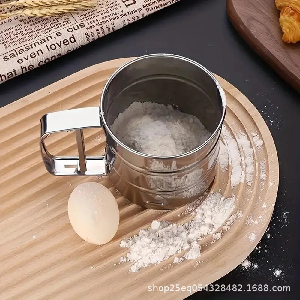 Stainless Steel Flour Sifter Powder Sieve Handheld Flour Sifter Powder Sieve Cup Double-Layer Hand Filter Powder Sieve Hand-Cran