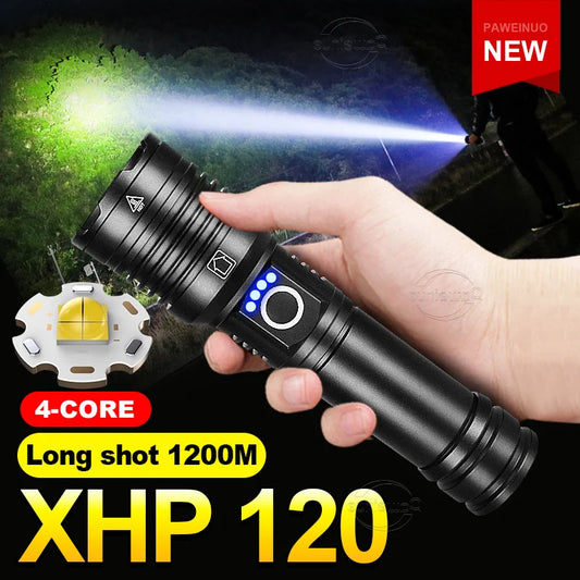 Linterna LED de alta potencia XHP 120, linterna con batería 18650 26650, recargable por USB, con zoom, para emergencias, acampadas al aire libre y pesca