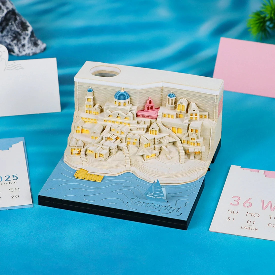 Omoshiroi Block 3D Memo Pad Santorini Magic Calendar Desk Decoration Tear Off Notepad Bookmark Souvenir Gift Girlfriend Birthday