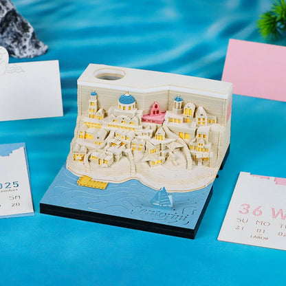 Omoshiroi Block 3D Memo Pad Santorini Magic Calendar Desk Decoration Tear Off Notepad Bookmark Souvenir Gift Girlfriend Birthday