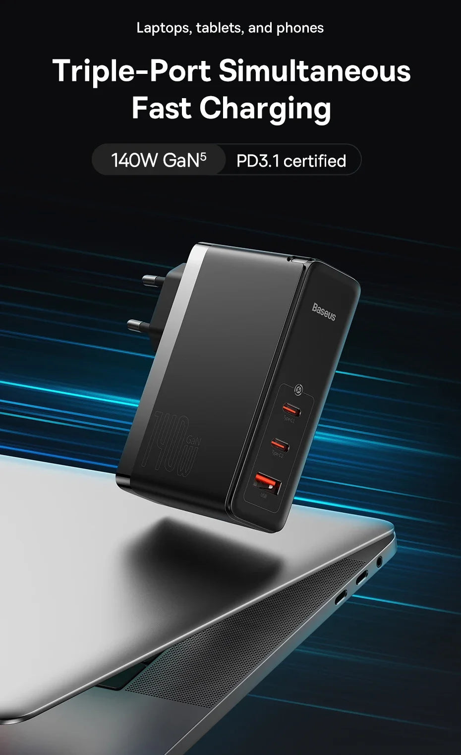 Baseus 140W GaN Charger USB Type C PD3.1 Fast Charge For Macbook Tablet Quick Charge 4.0 3.0 Phone Charger For iPhone 15 14 13