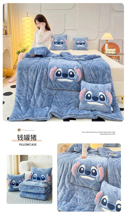 Stitch Disney Throw Pillow Blankets Two In One Kawaii Flannel Pillow Thickened Nap Blanket Living Room Cute Decoration Bedroom