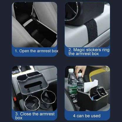 Car Armrest Cup Holder Car Storage Organizer Water Cup Holder Storage Box Water Cup Tissue Box With 2 Foldable Cup Holders