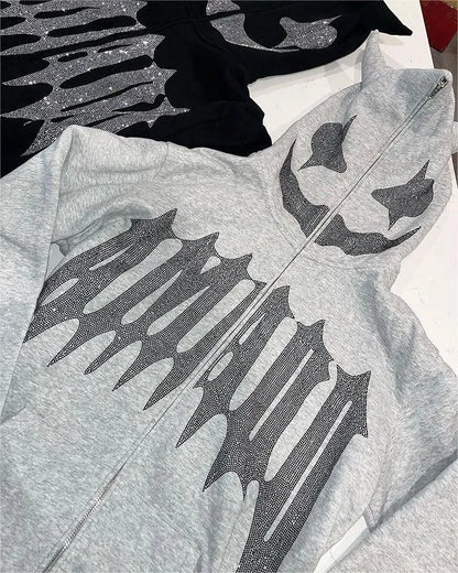 Sudadera con capucha y cremallera de cara completa con diamantes de imitación unisex Y2K, holgada, de gran tamaño, con estampado de letras góticas y estrellas, para hombre y mujer