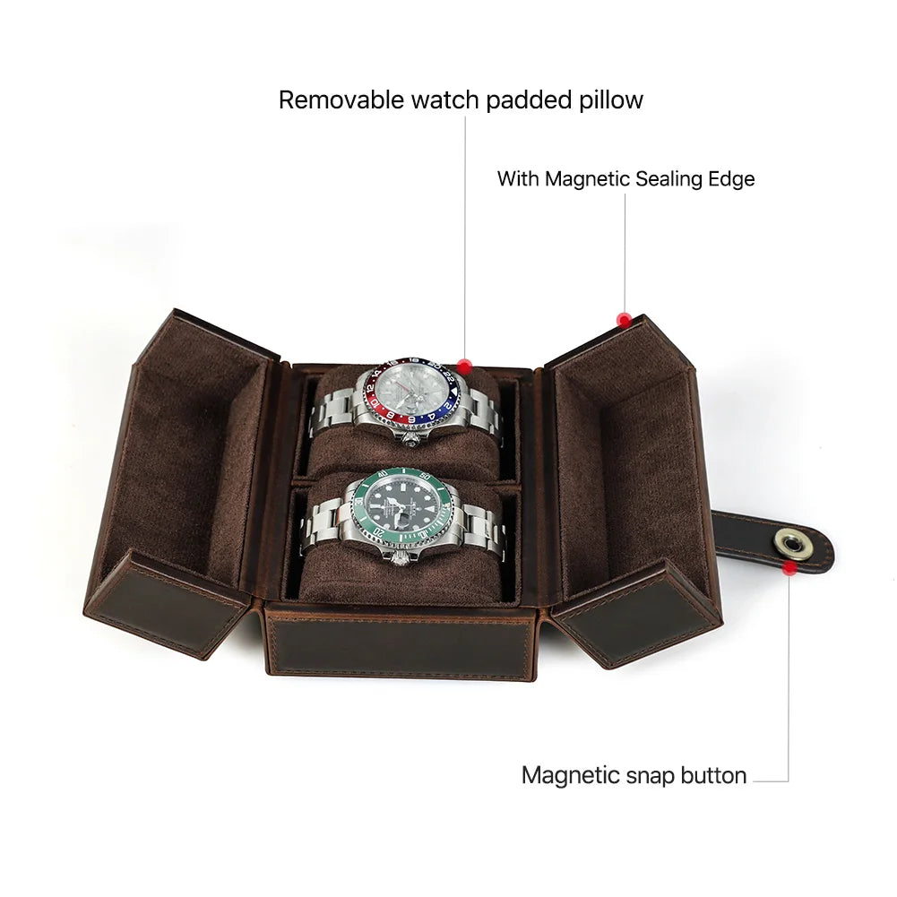 Retro Luxury Genuine Leather 2 Slots Watch Roll Case Travel Portable Organizer Display Storage Box with Pillow Handmade Gifts